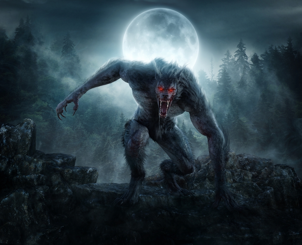 3d,Illustration,Of,Black,Werewolf,With,Moon,And,Forest